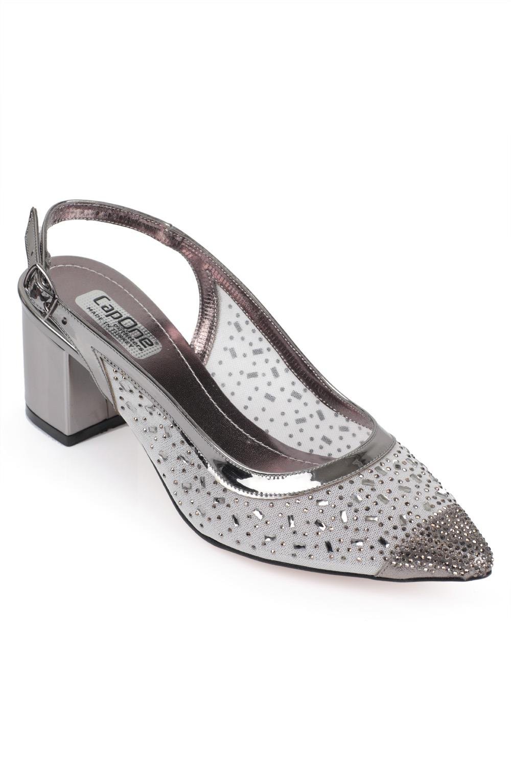 Capone 145 Block Heel Cristal Embellished Slingback Women Platinum Shoes