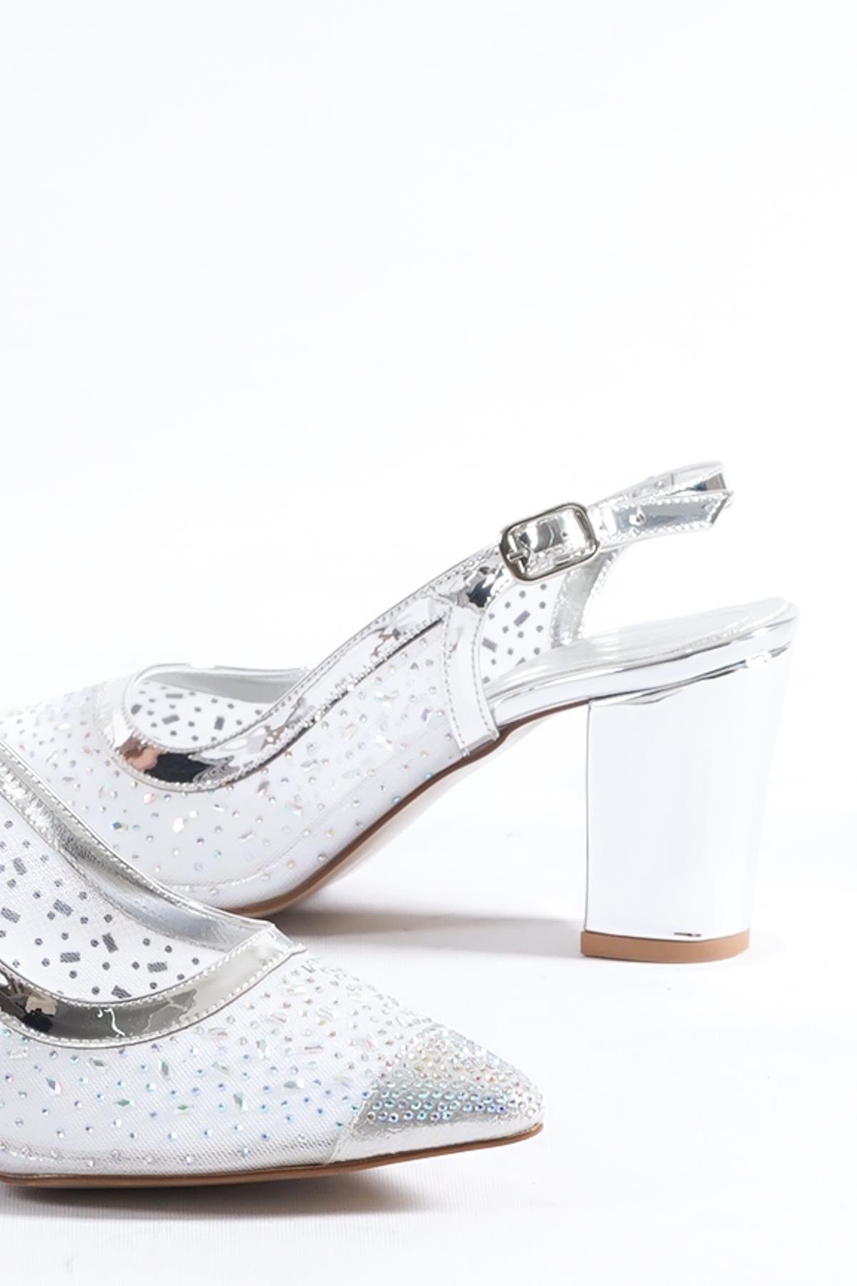 Capone 145 Block Heel Cristal Embellished Slingback Women Silver Shoes