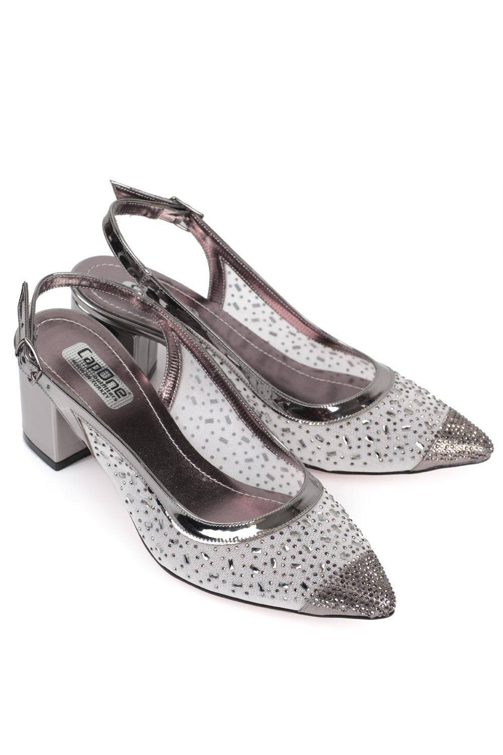 Capone 145 Block Heel Cristal Embellished Slingback Women Platinum Shoes