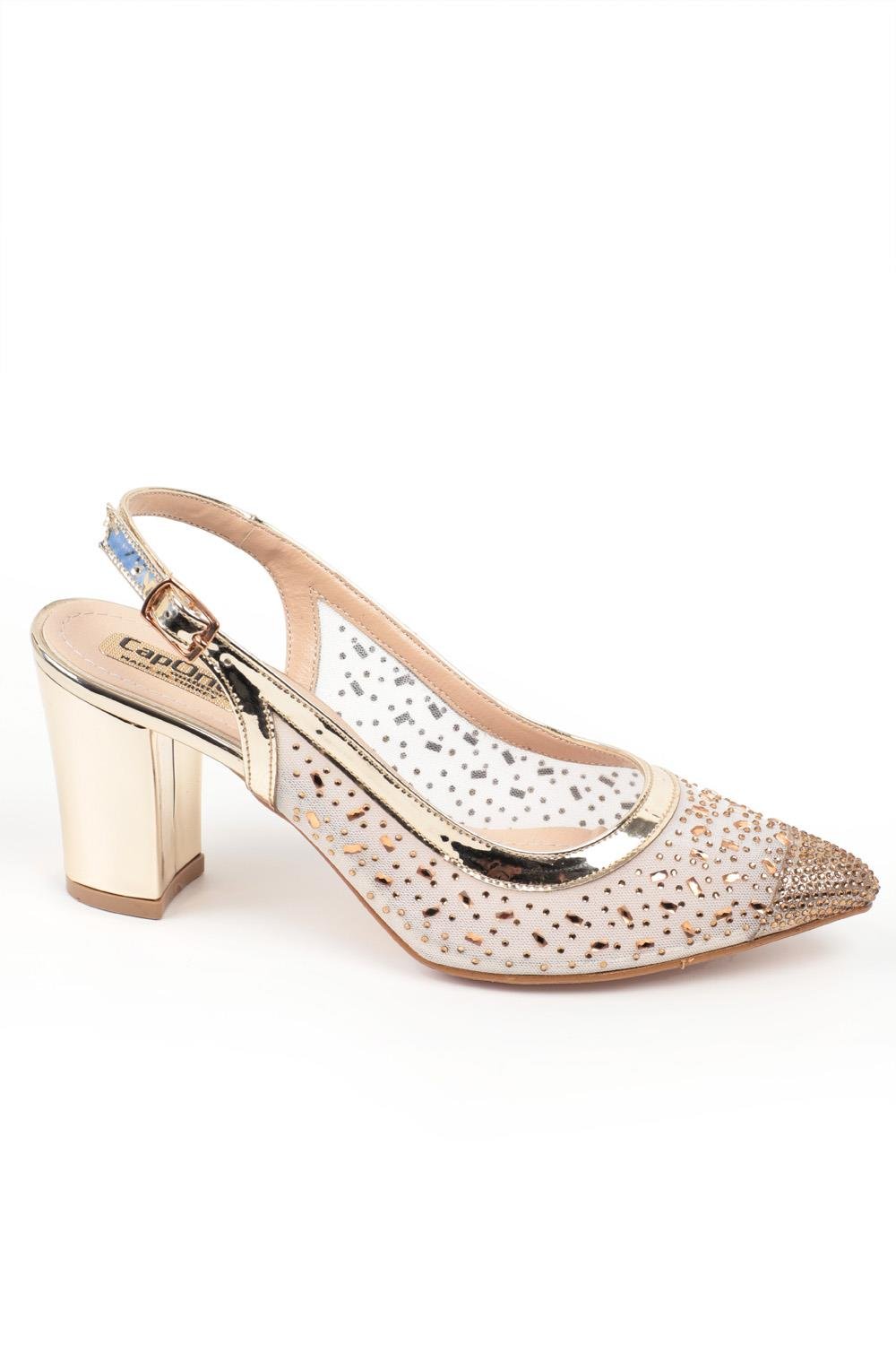 Capone 145 Block Heel Cristal Embellished Slingback Women Gold Shoes