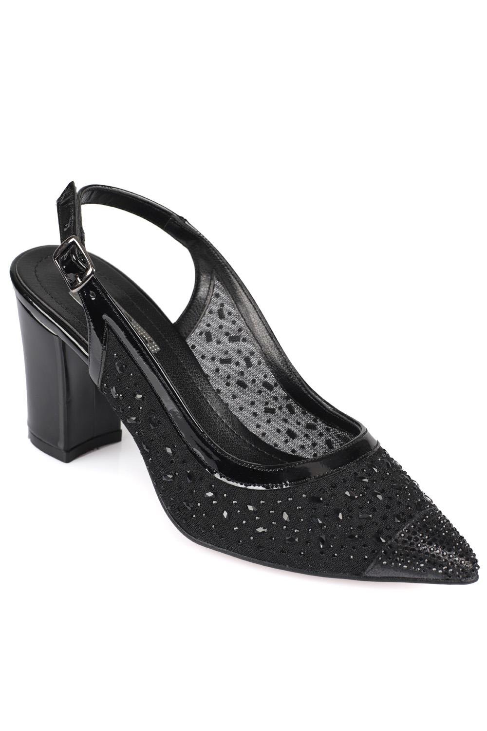 Capone 145 Block Heel Cristal Embellished Slingback Women Black Shoes
