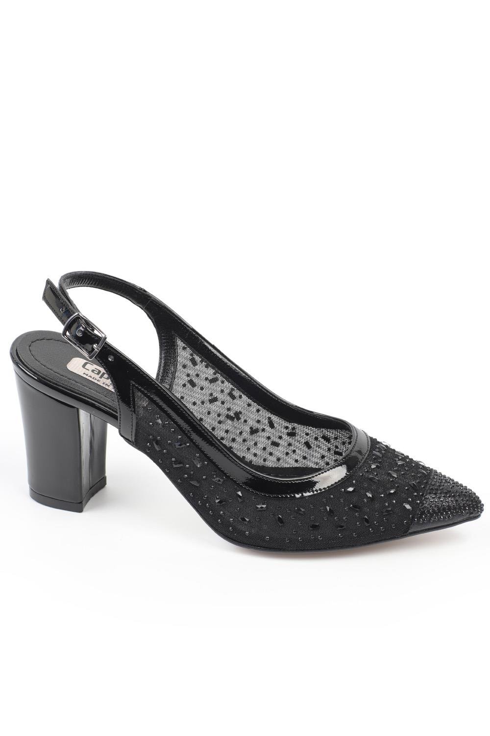 Capone 145 Block Heel Cristal Embellished Slingback Women Black Shoes
