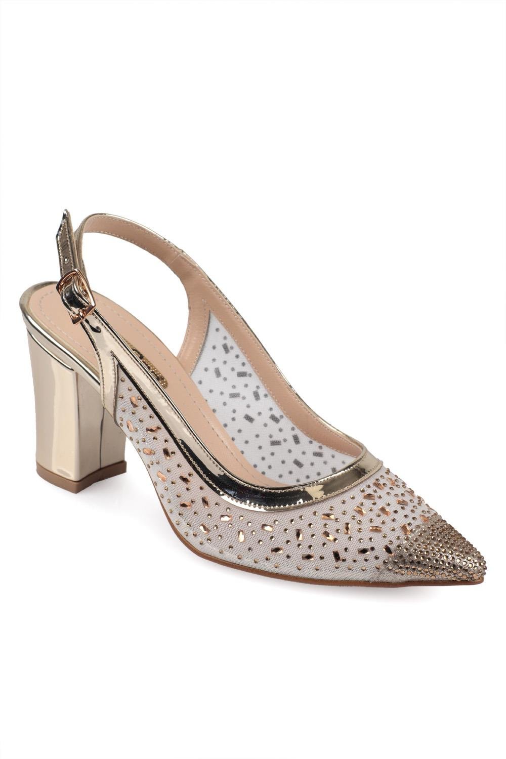 Capone 145 Block Heel Cristal Embellished Slingback Women Gold Shoes