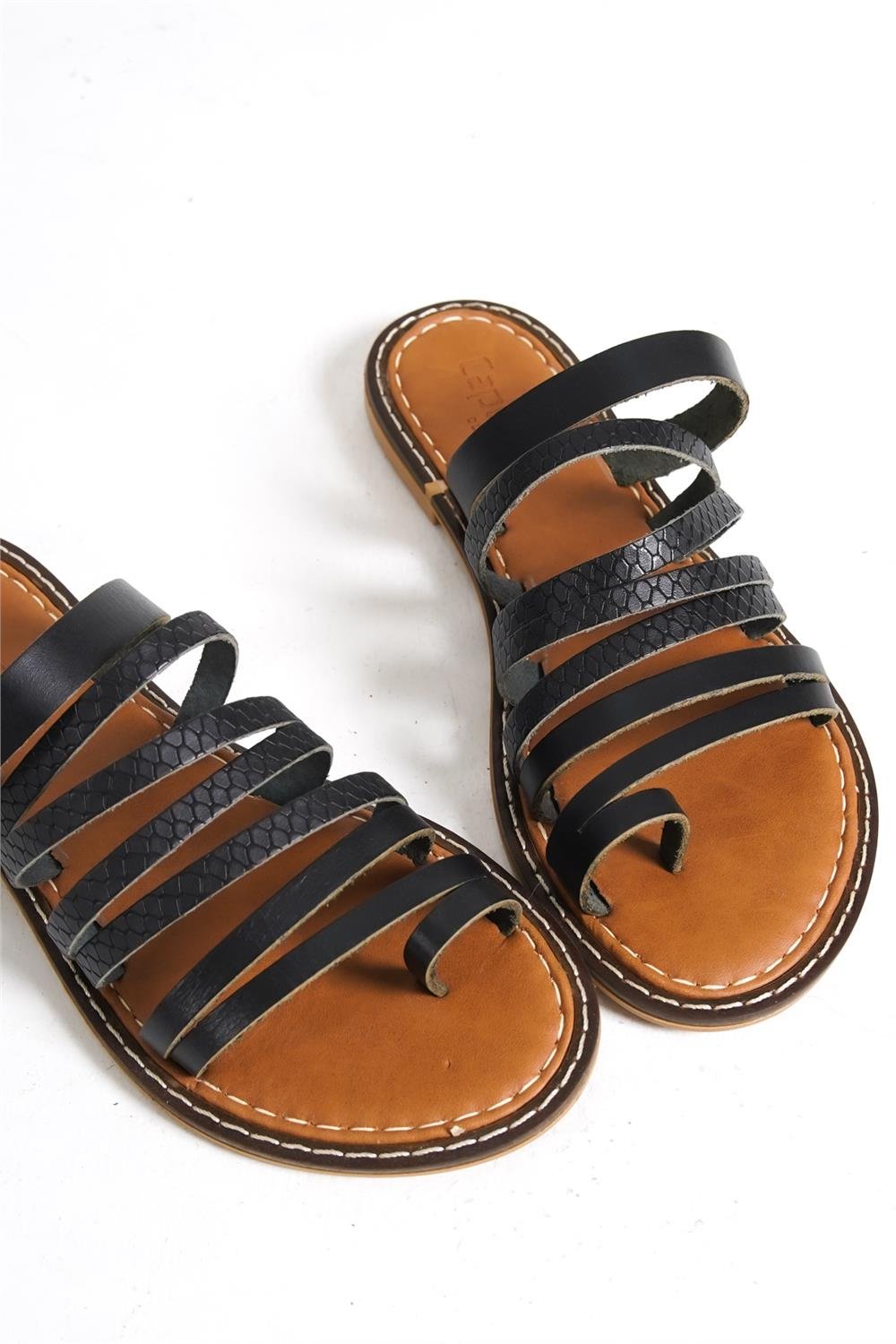 Capone 5555 Genuine Leather Toe Thong Women Black Sandals