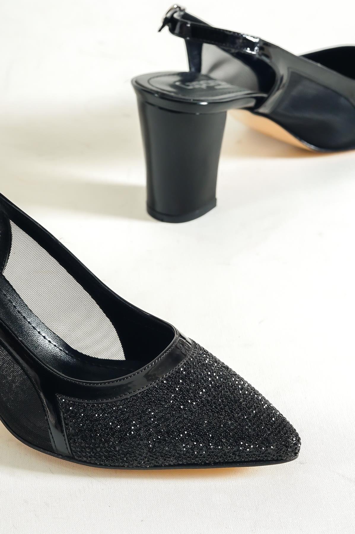 Capone 750 Women Black Heel Cristal Embellished Netted Slingback Shoes