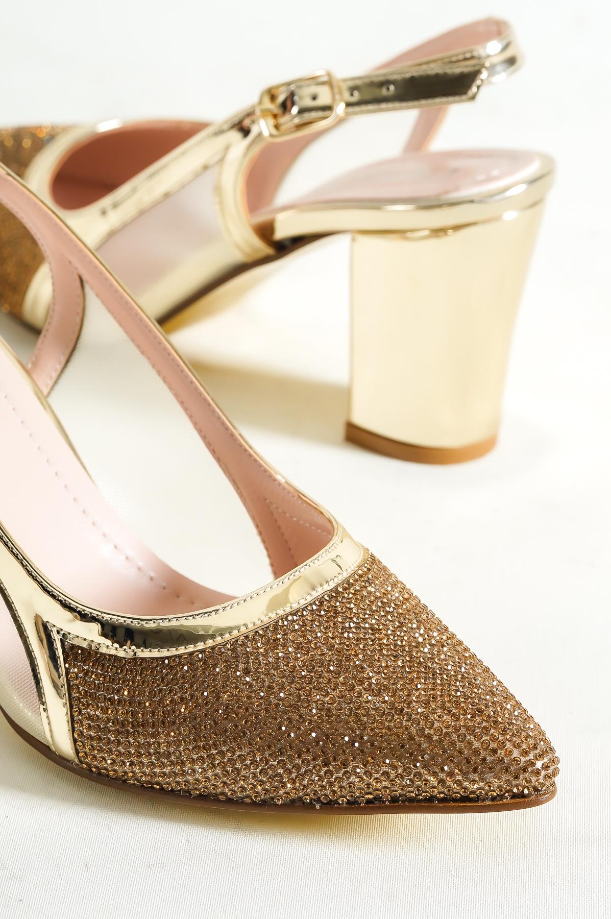 Capone 750 Women Gold Heel Cristal Embellished Netted Slingback Shoes