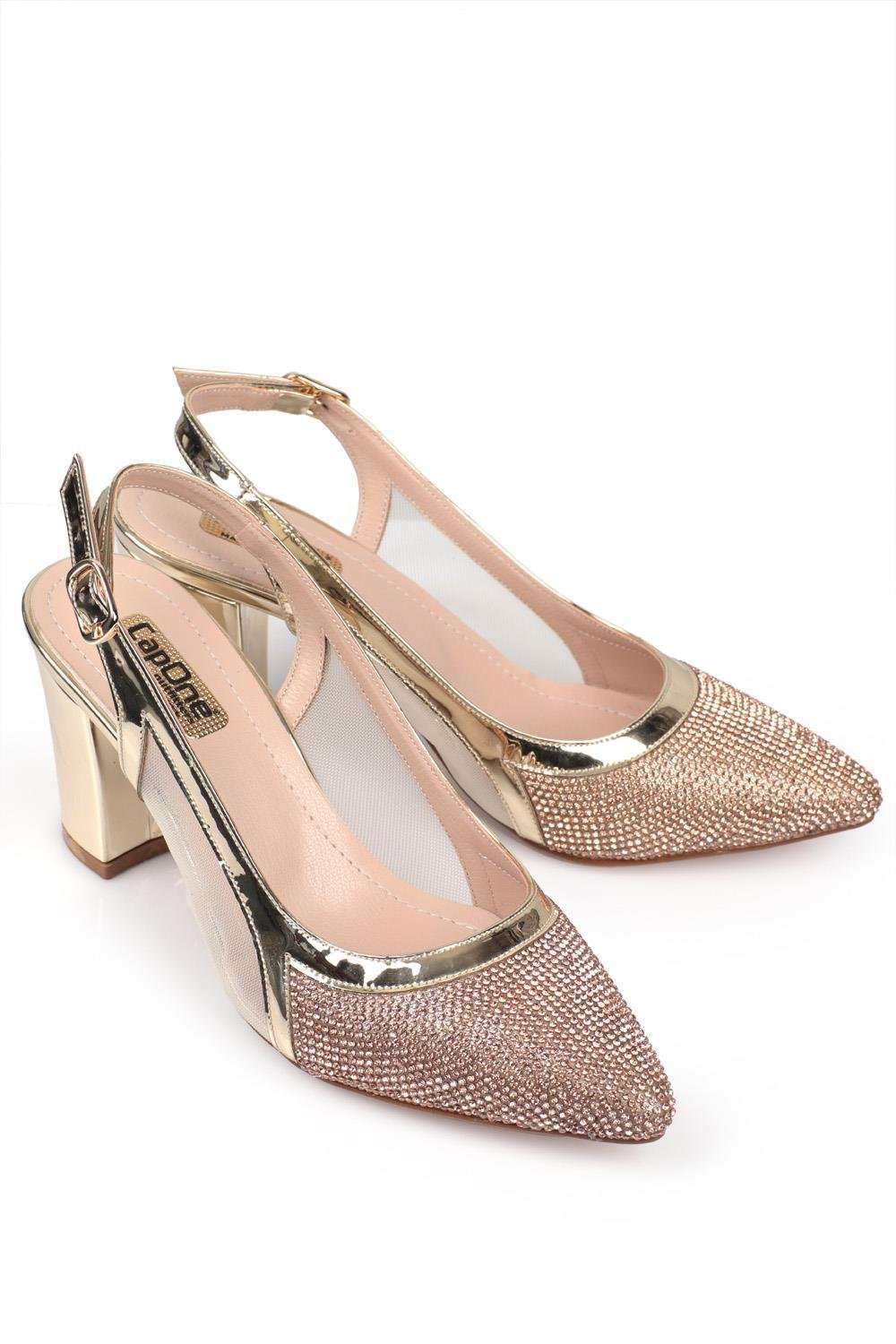 Capone 750 Women Gold Heel Cristal Embellished Netted Slingback Shoes