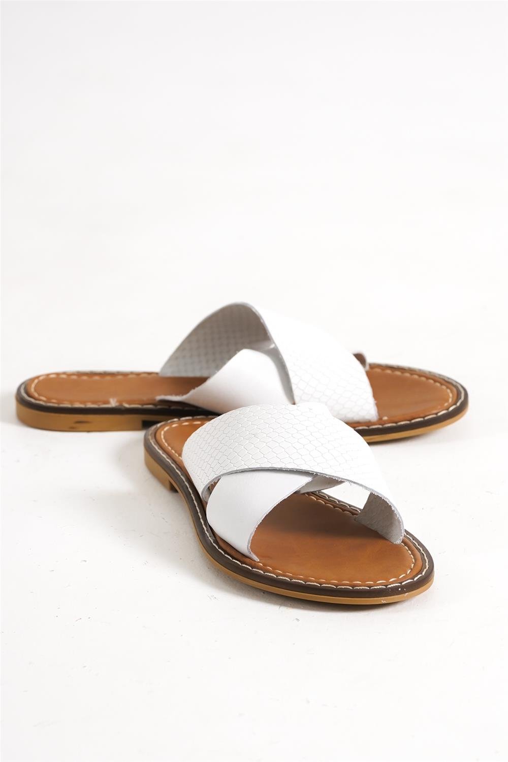 Capone 881 Genuine Leather Cross Band Women White Sandals