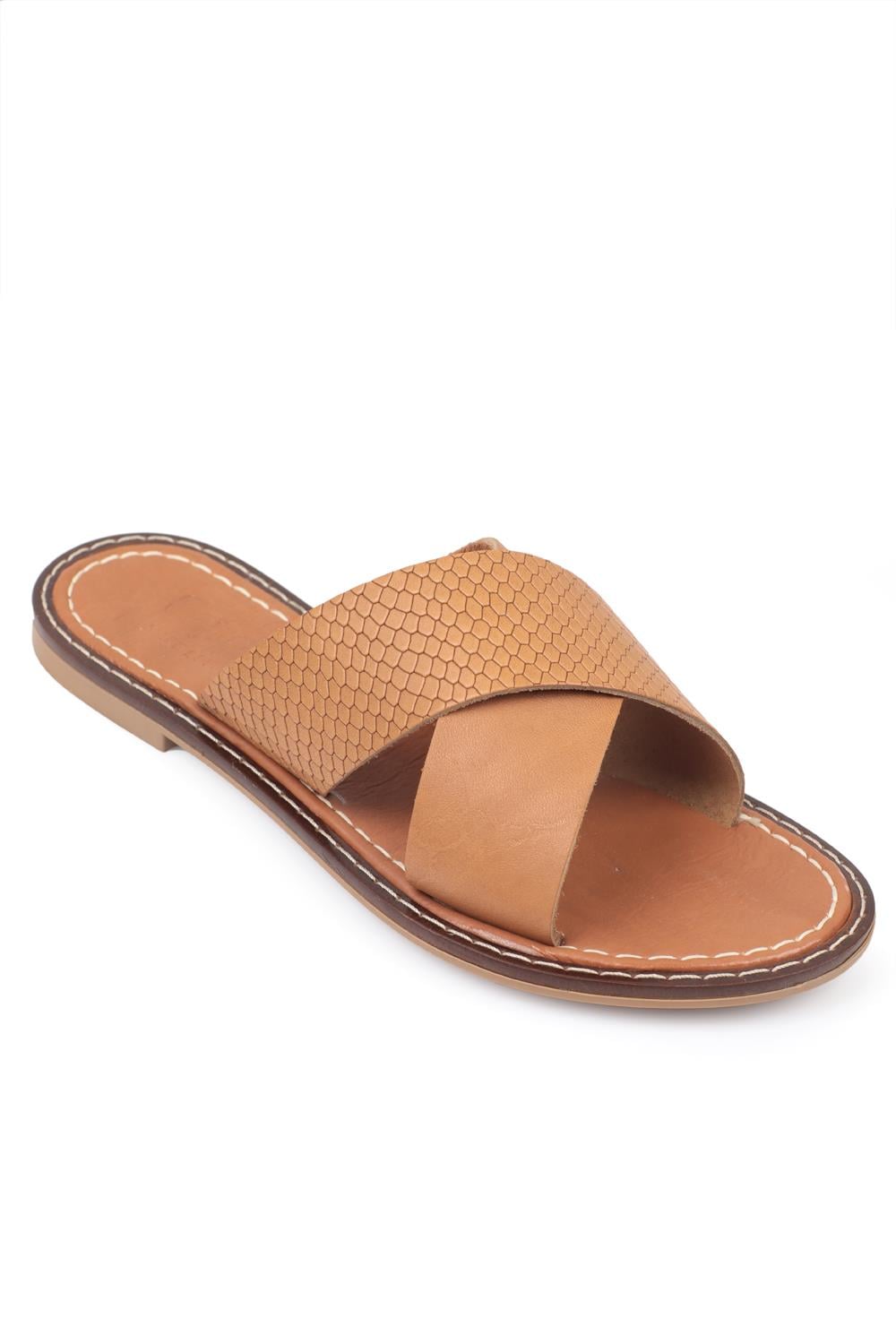 Capone 881 Genuine Leather Cross Band Women Tan Sandals