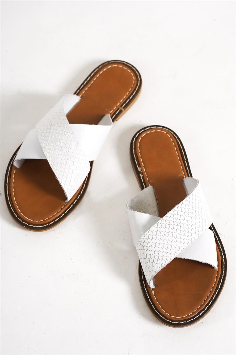 Capone 881 Genuine Leather Cross Band Women White Sandals