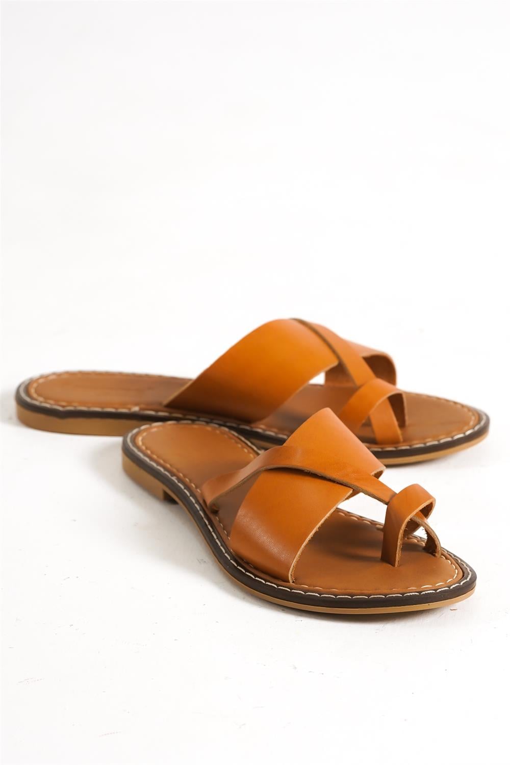 Capone 888 Genuine Leather Cross Band Toe Thong Women Tan Sandals