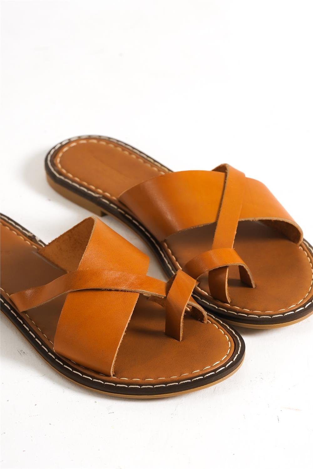 Capone 888 Genuine Leather Cross Band Toe Thong Women Tan Sandals
