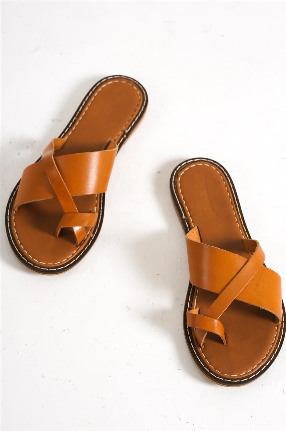 Capone 888 Genuine Leather Cross Band Toe Thong Women Tan Sandals