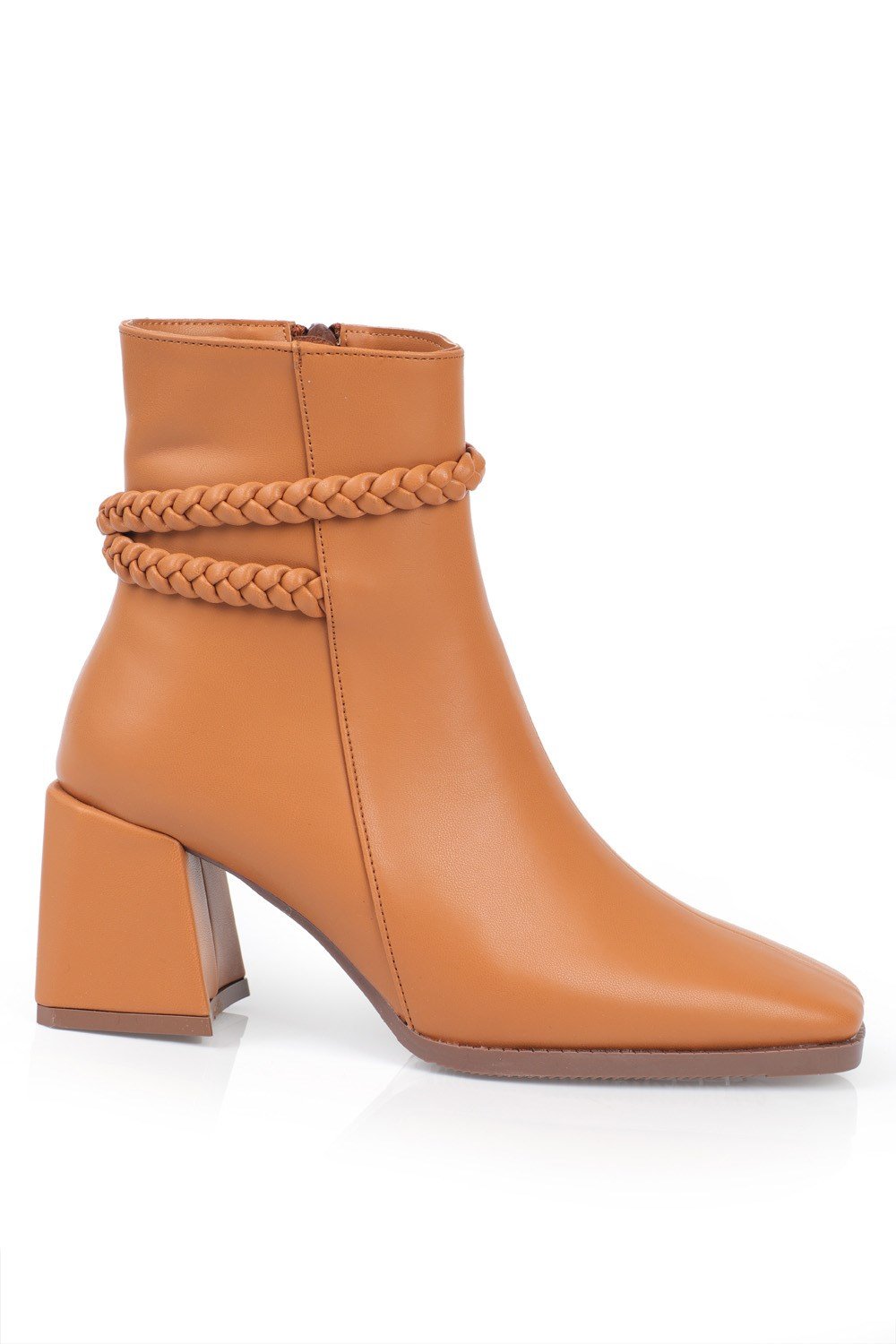 Capone Ankle Height Blunt Toe Side Zipper Braid Detail Woman Booties