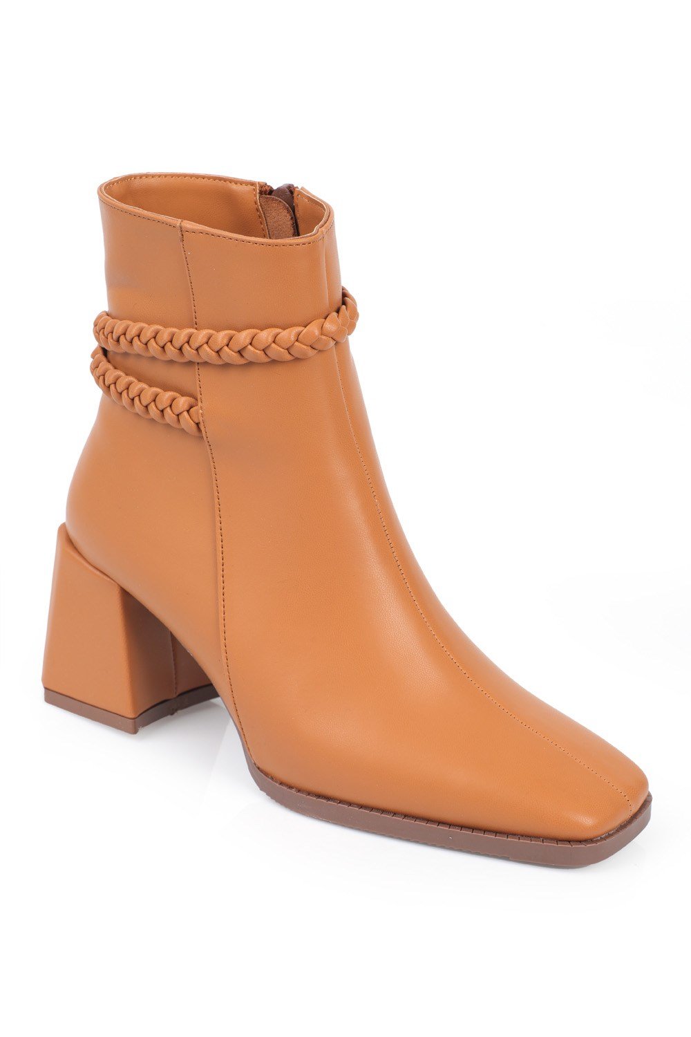Capone Ankle Height Blunt Toe Side Zipper Braid Detail Woman Booties