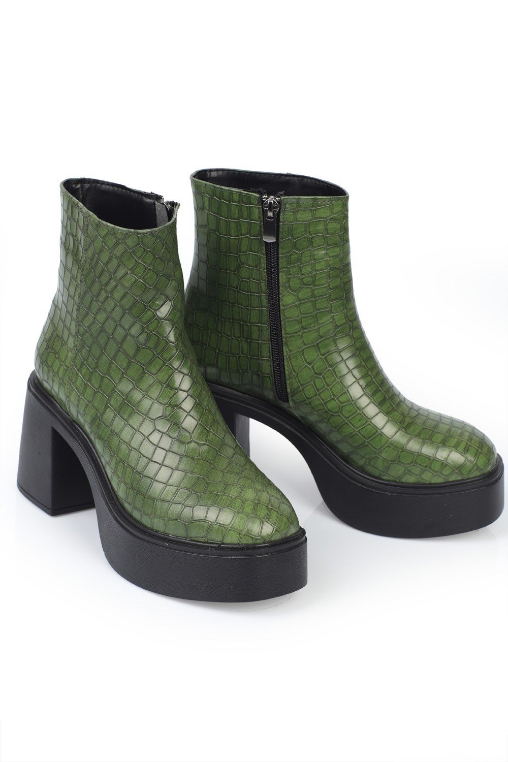 Capone Ankle Height Side Zipper Croco Pattern Matt Platform Heel Woman Boots