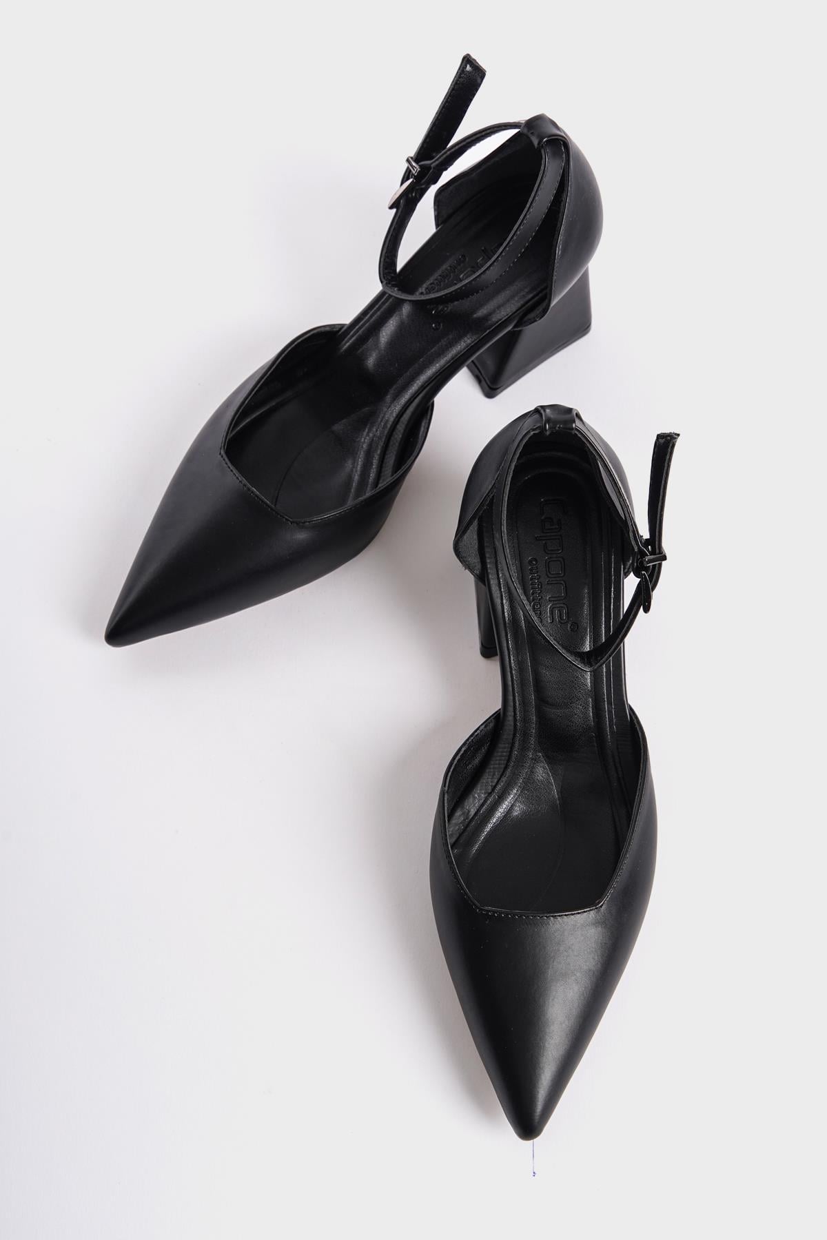 Capone Ankle Strap Pointed Toe Thick Heeled Mid Heeled Women Black Shoes