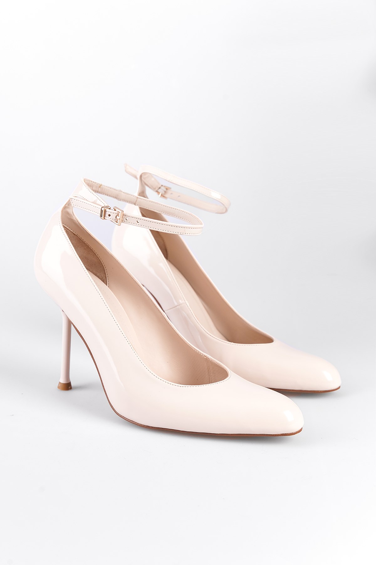 Capone Ankle-Strap Round-Toe High-Heeled Women Patent Ecru Shoes