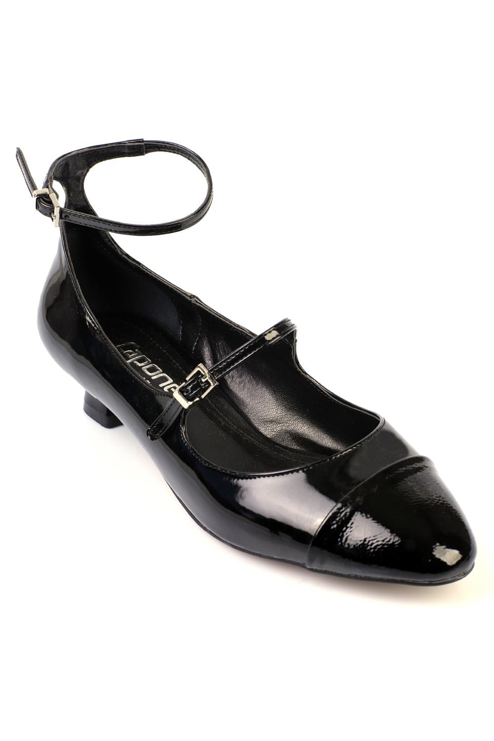 Capone Ankle-Strap Short-Heeled Women Patent Black Shoes