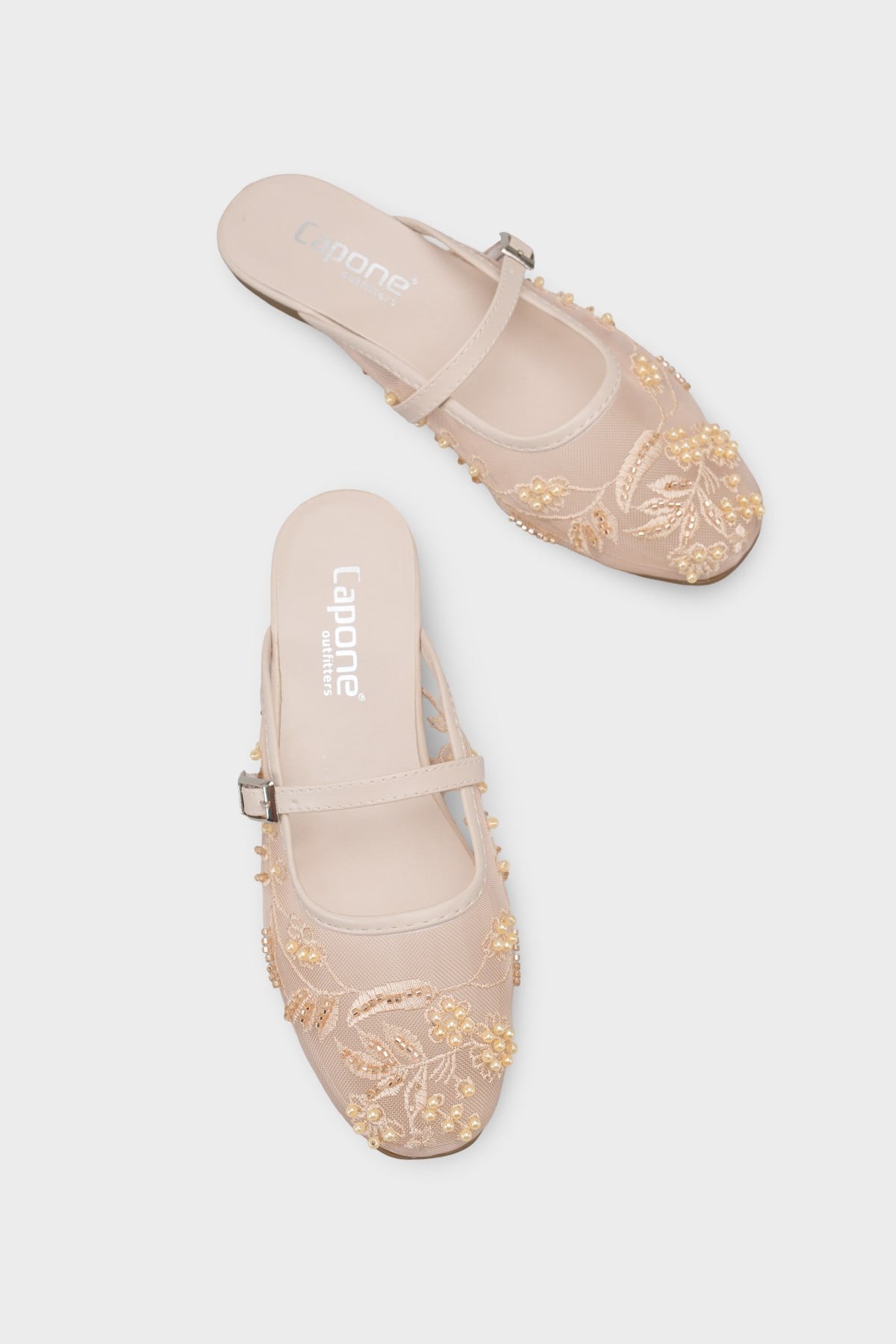 Capone Avie Lace Mesh Embroidered Women Beige Mule