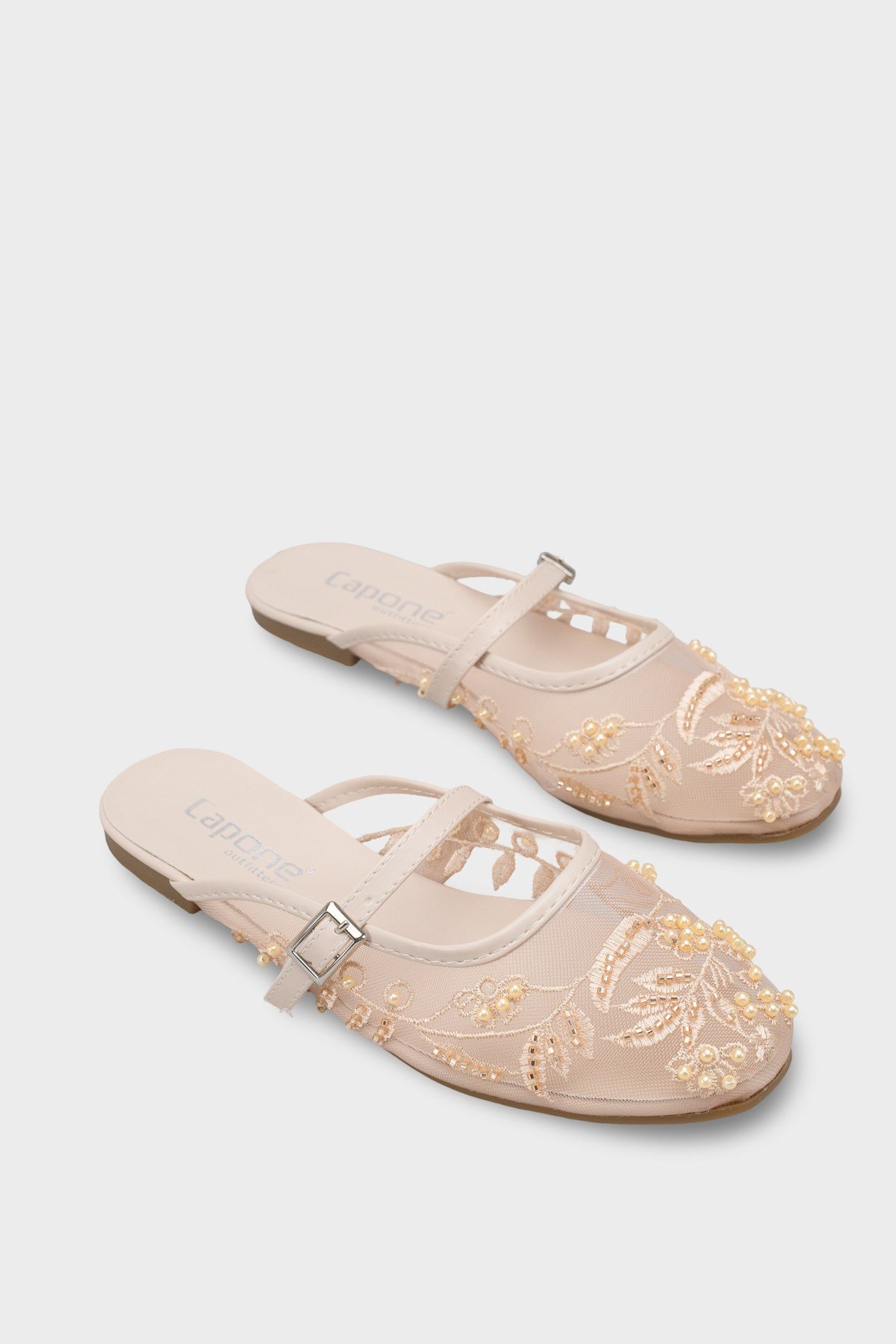Capone Avie Lace Mesh Embroidered Women Beige Mule