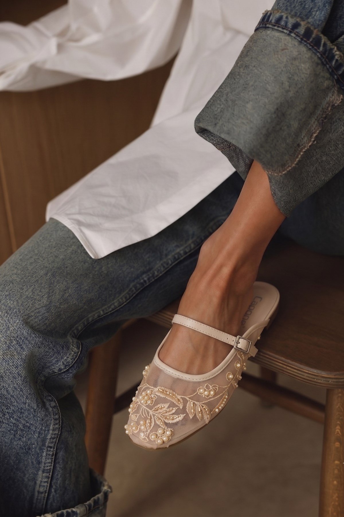 Capone Avie Lace Mesh Embroidered Women Beige Mule