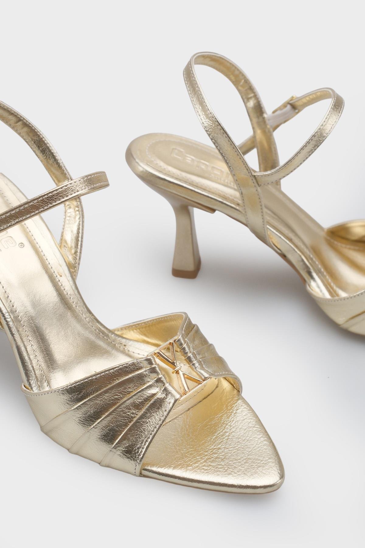 Capone  Belvia Pointed Toe Metallic Ankle Strap Mid Heel Women Gold Shoe