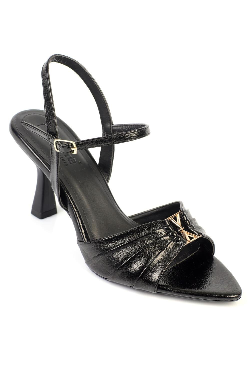 Capone  Belvia Pointed Toe Metallic Ankle Strap Mid Heel Women Black Shoe