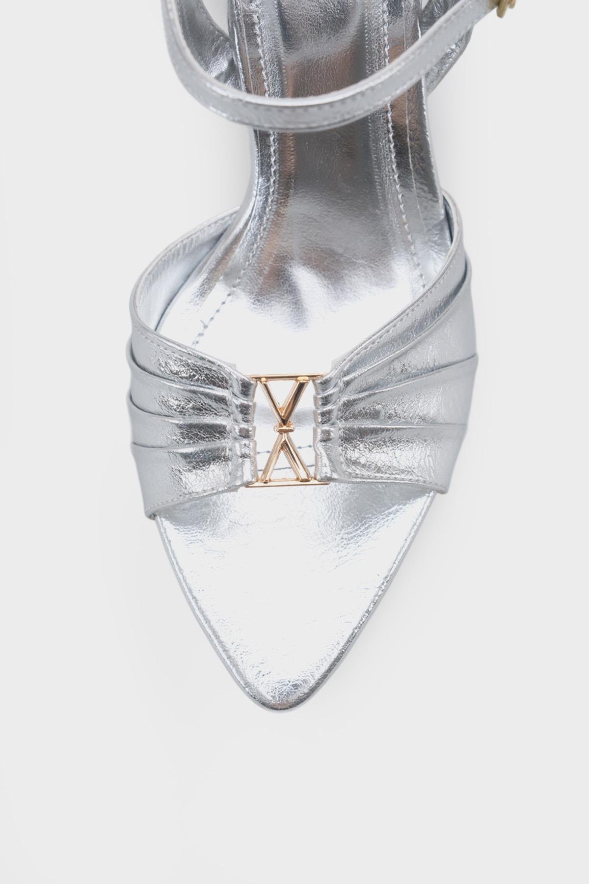 Capone  Belvia Pointed Toe Metallic Ankle Strap Mid Heel Women Silver Shoe