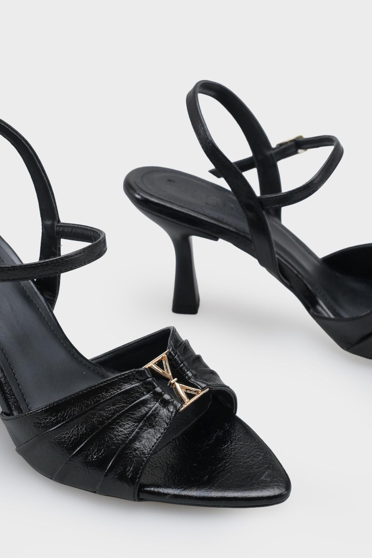 Capone  Belvia Pointed Toe Metallic Ankle Strap Mid Heel Women Black Shoe