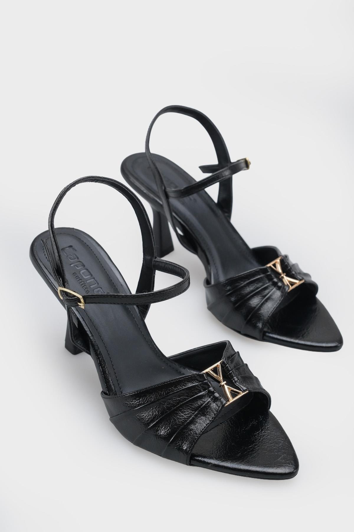 Capone  Belvia Pointed Toe Metallic Ankle Strap Mid Heel Women Black Shoe