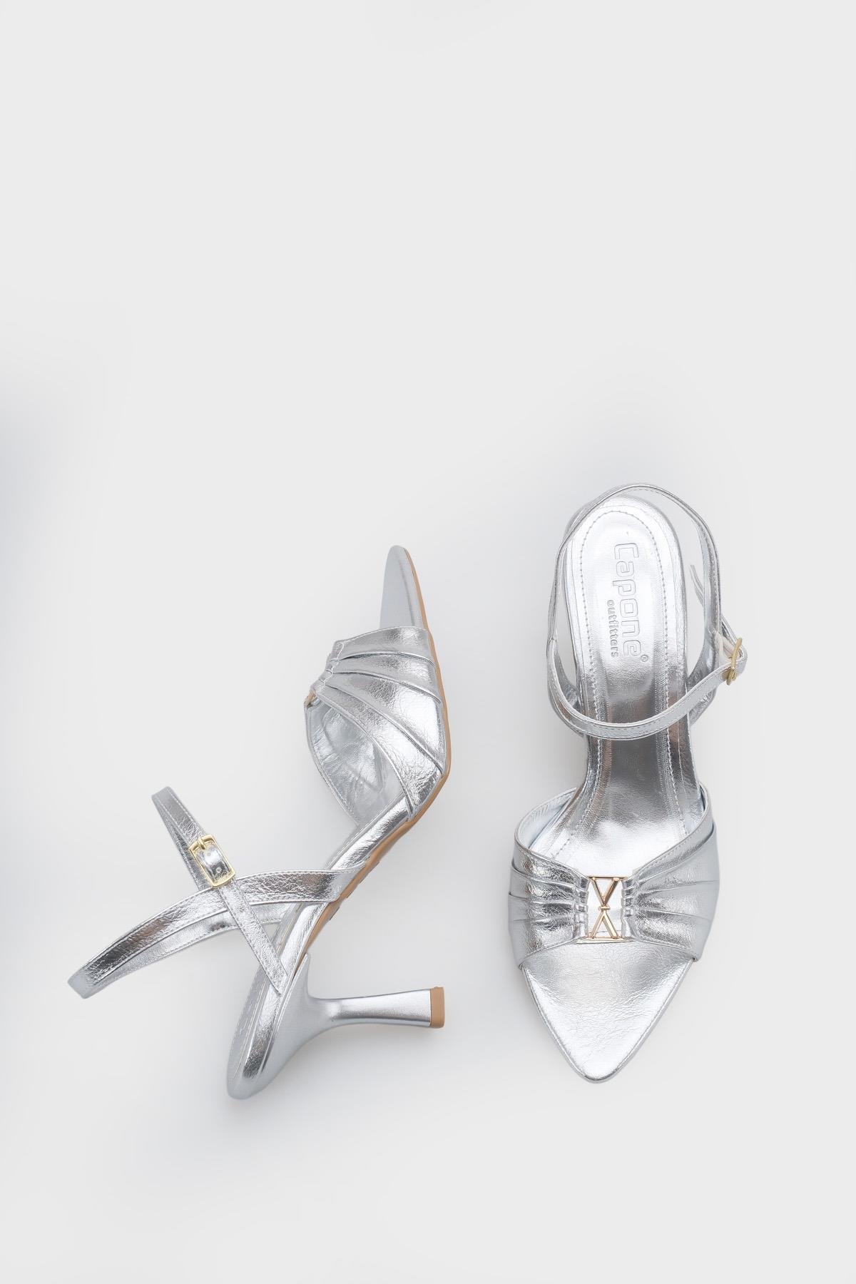 Capone  Belvia Pointed Toe Metallic Ankle Strap Mid Heel Women Silver Shoe