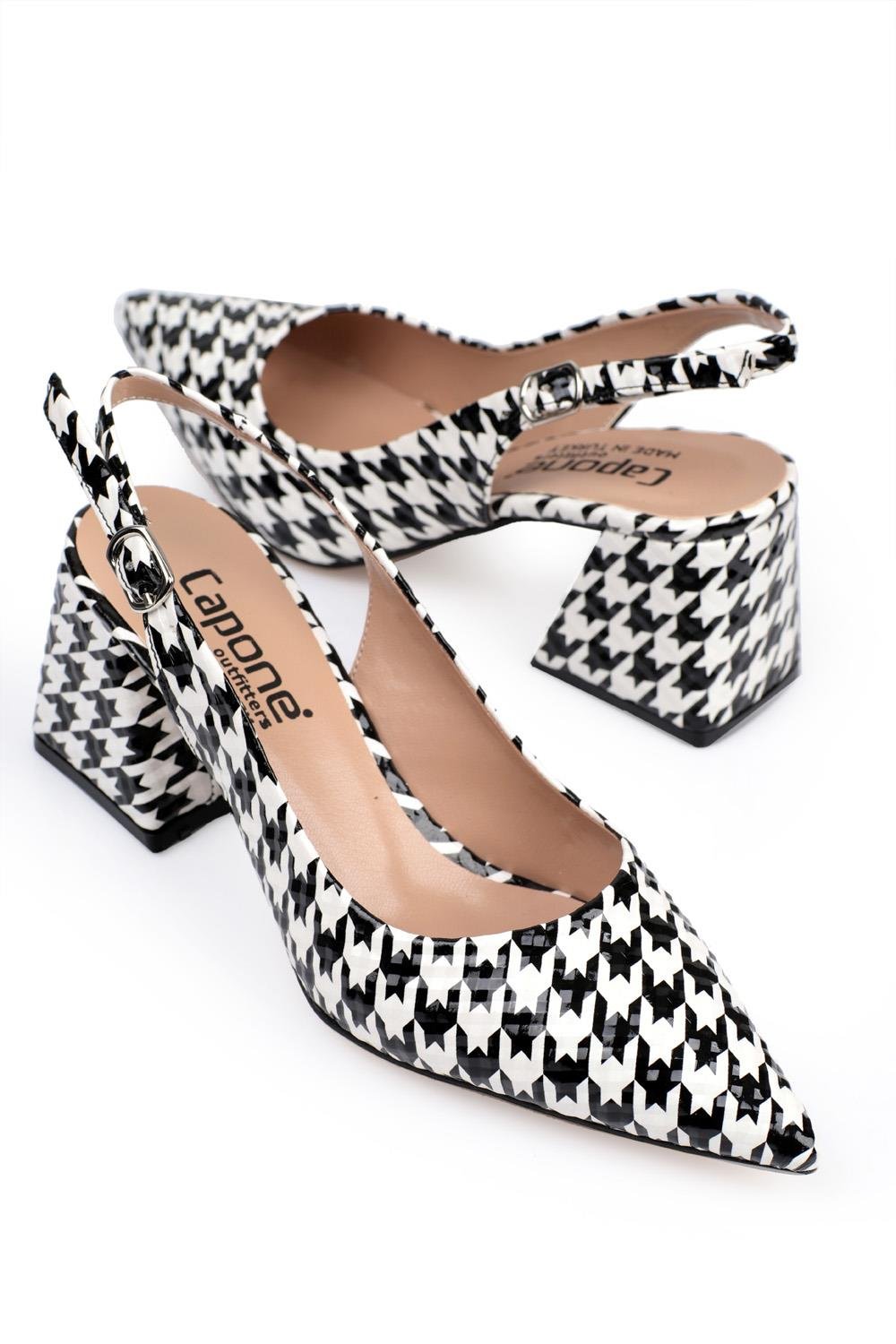 Capone Block Heel Slingback Houndstooth Pattern Women Houndstooth Shoes