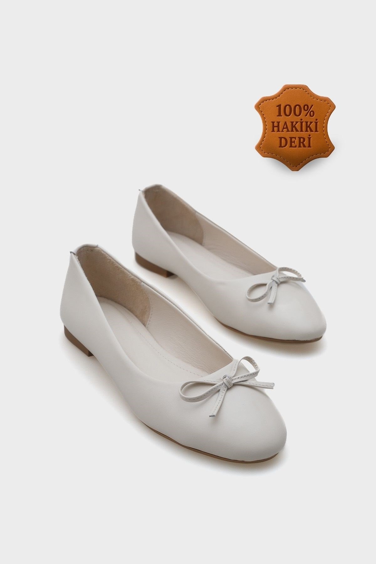 Capone Bloom Genuine Leather Bow Detail Round Toe Women White Ballerinas