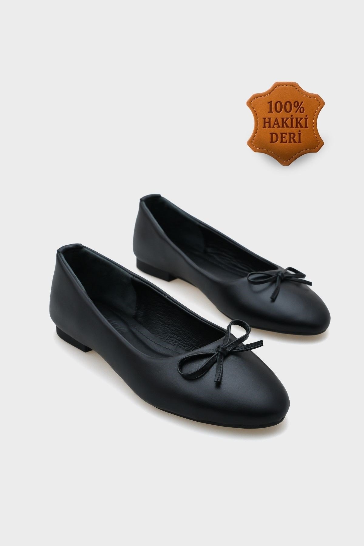Capone Bloom Genuine Leather Bow Detail Round Toe Women Black Ballerinas