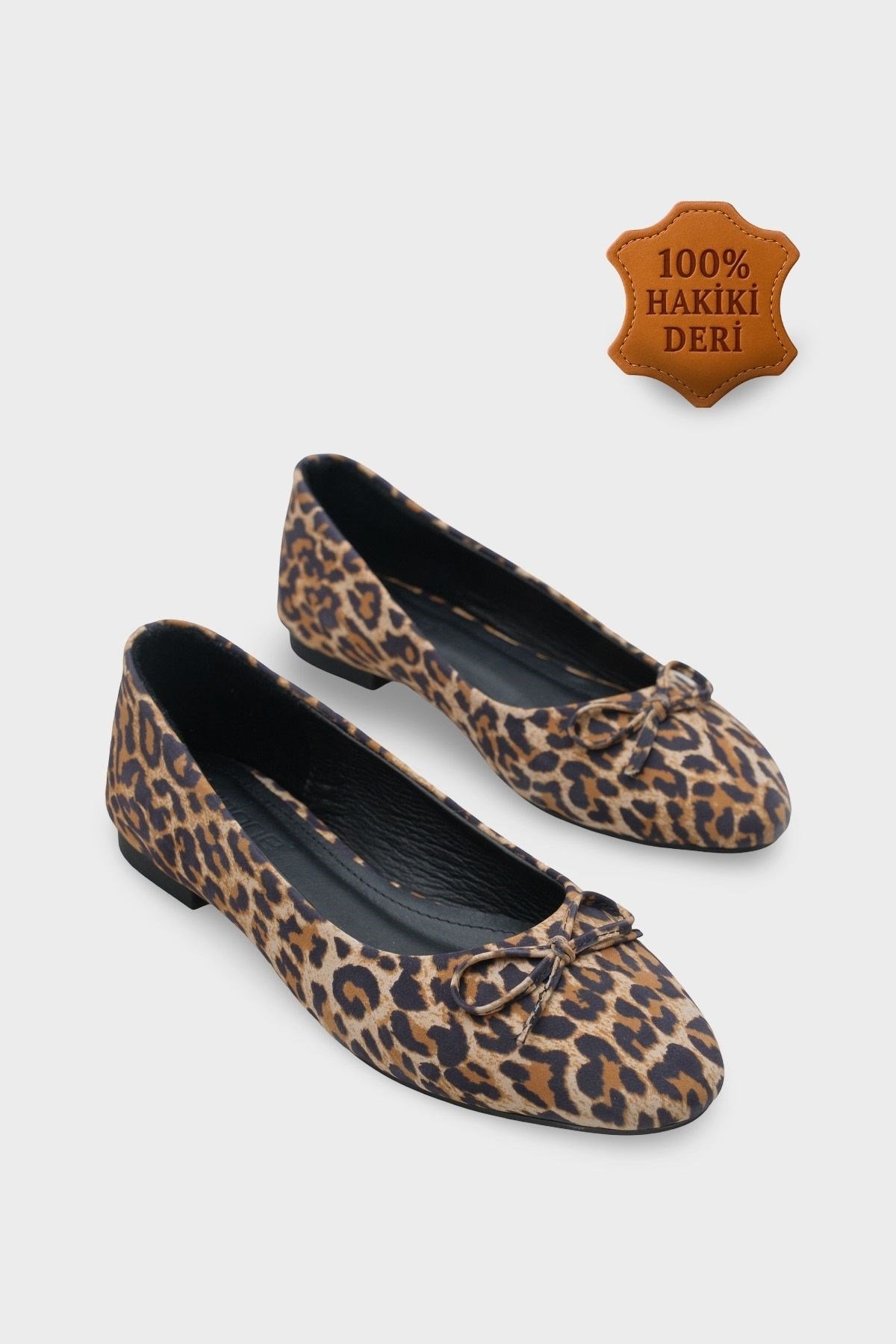 Capone Bloom Genuine Leather Bow Detail Round Toe Women Leopard Ballerinas
