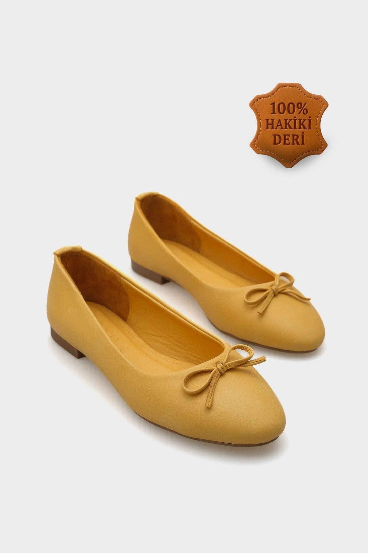 Capone Bloom Genuine Leather Bow Detail Round Toe Women Mustard Ballerinas