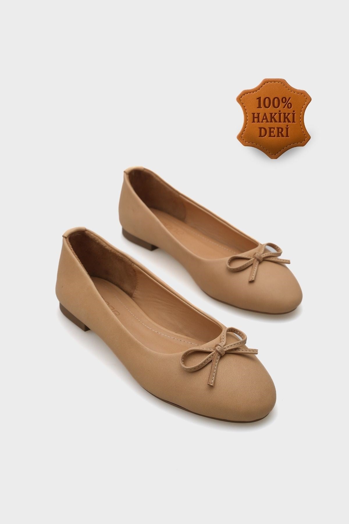 Capone Bloom Genuine Leather Bow Detail Round Toe Women Nude Ballerinas