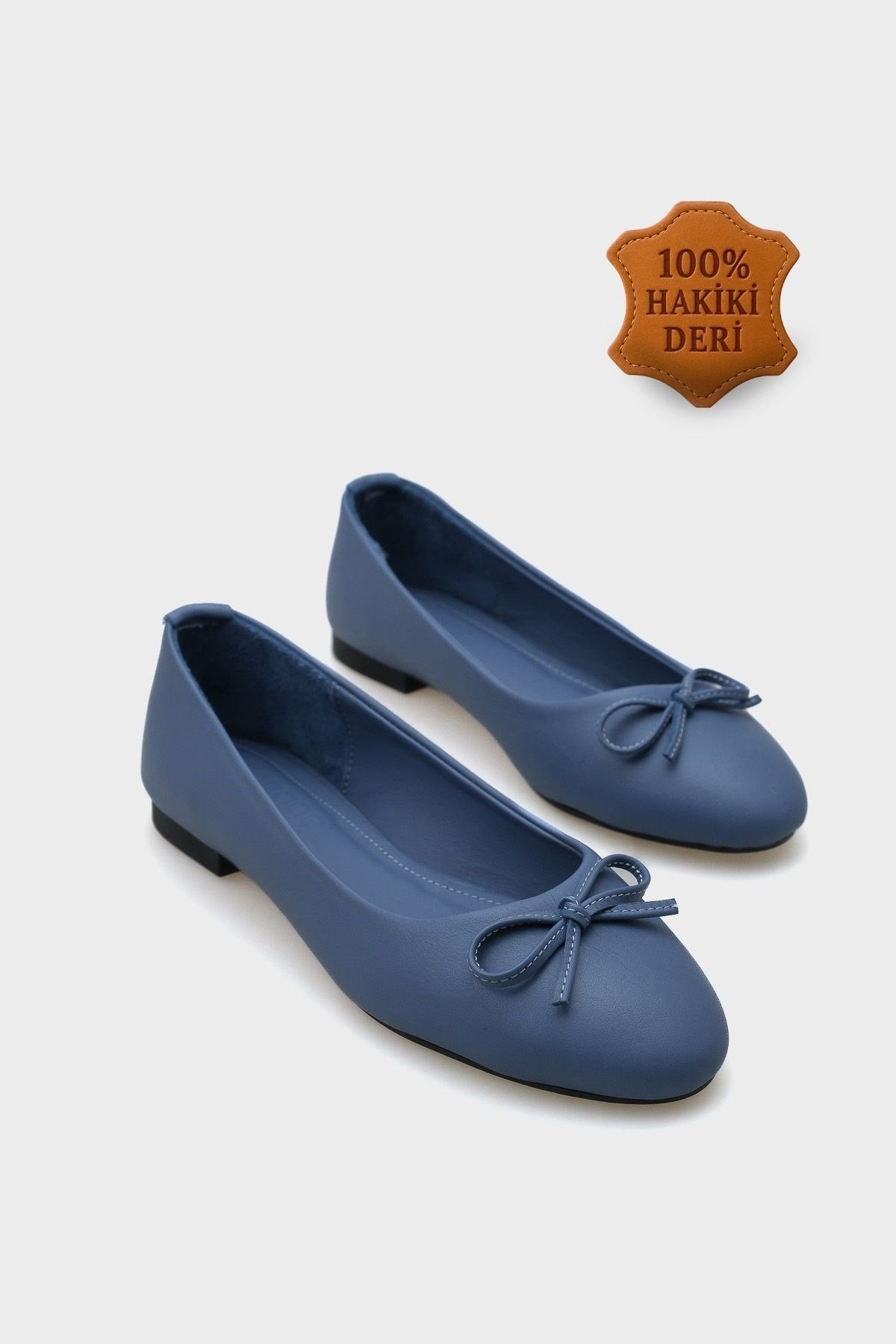 Capone Bloom Genuine Leather Bow Detail Round Toe Women Denim Blue Ballerinas