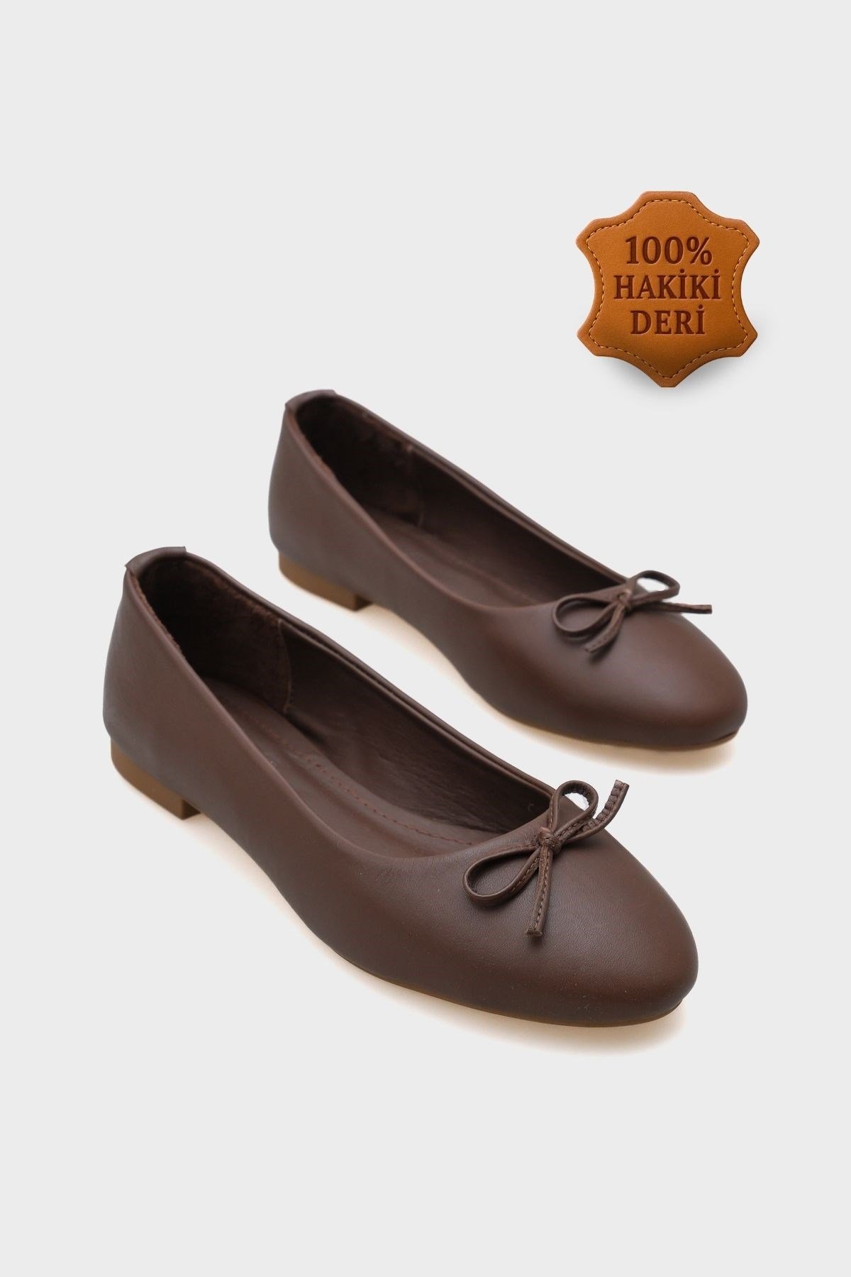 Capone Bloom Genuine Leather Bow Detail Round Toe Women Brown Ballerinas