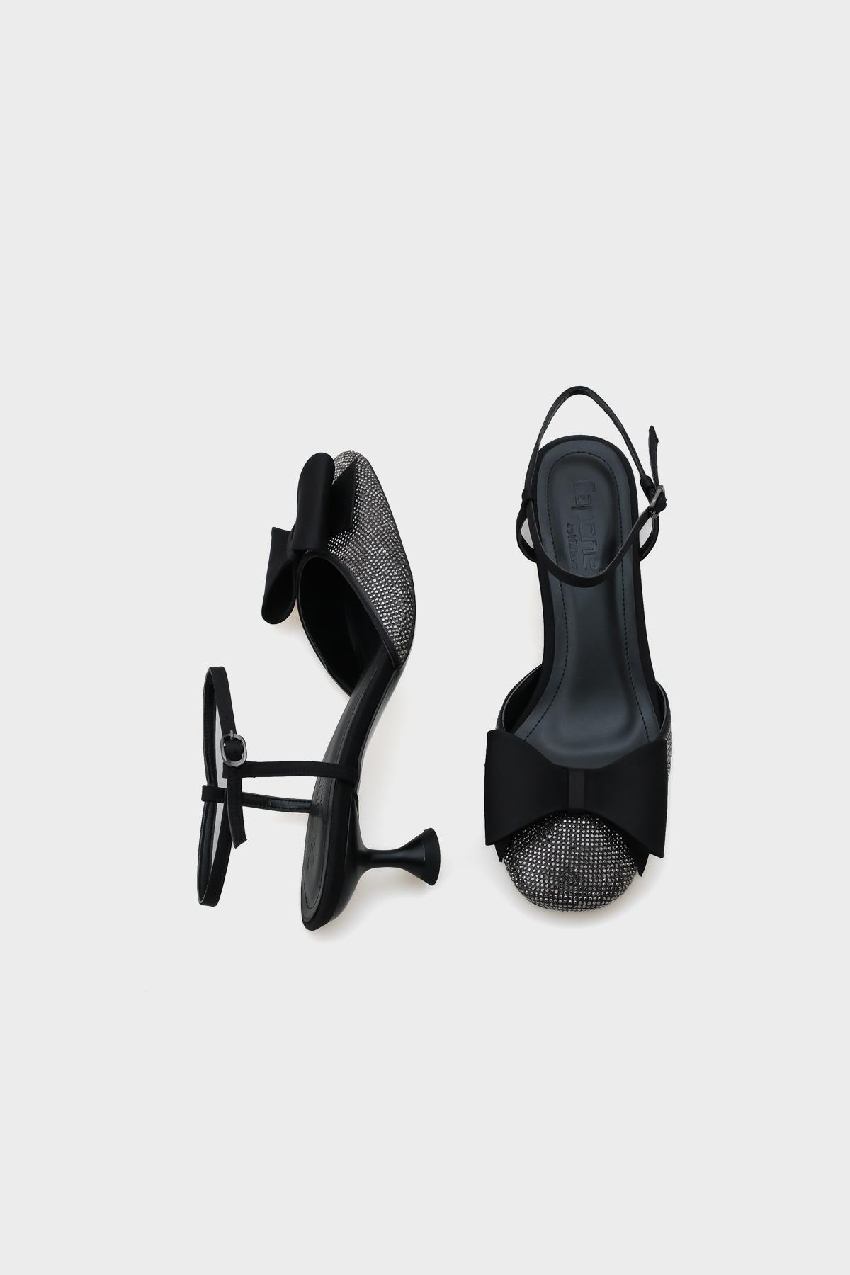 Capone Blunt Crystal Embellished Toe Bow Satin Ankle Strap Medium Heeled Women Satin Black Stylish Shoes