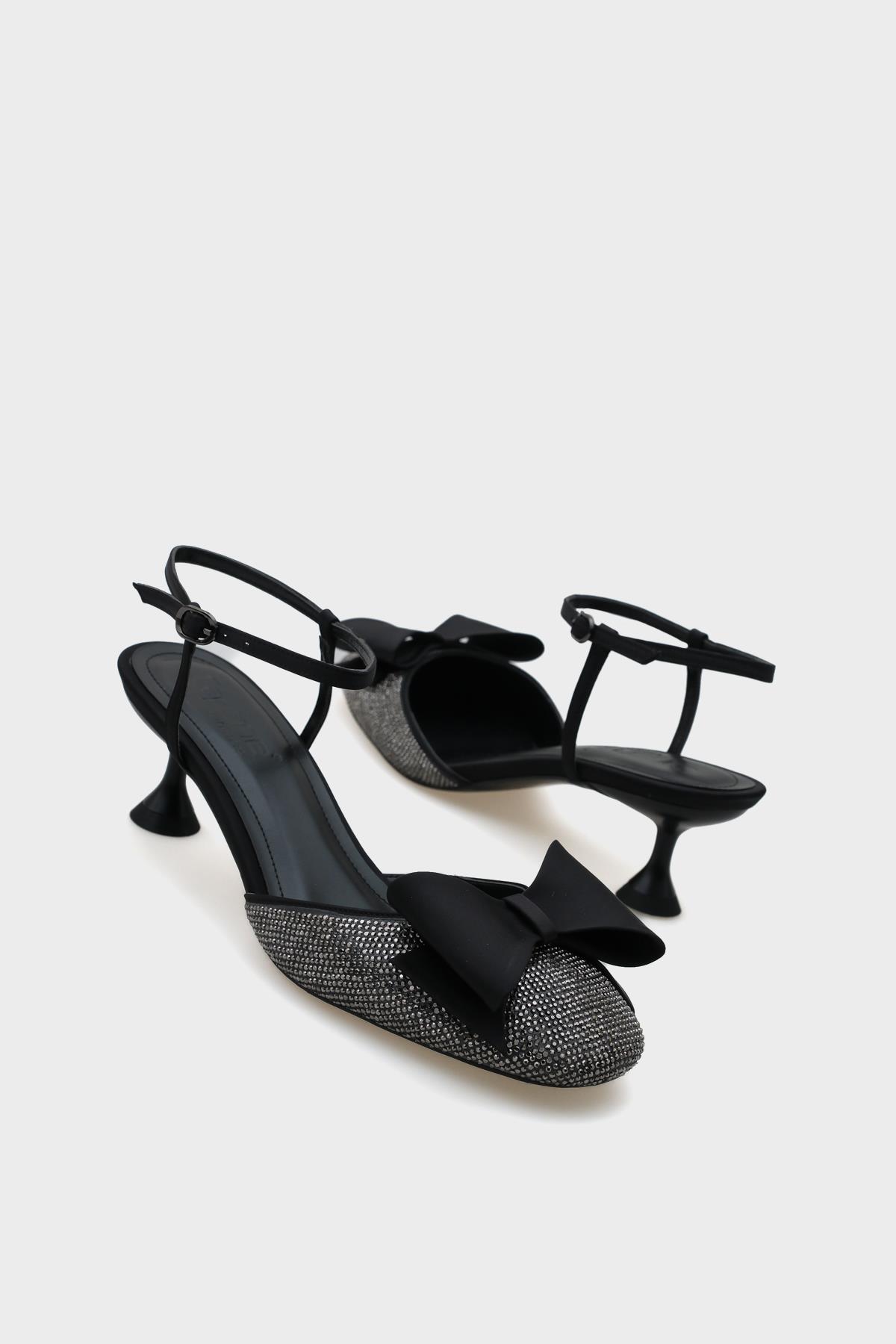 Capone Blunt Crystal Embellished Toe Bow Satin Ankle Strap Medium Heeled Women Satin Black Stylish Shoes