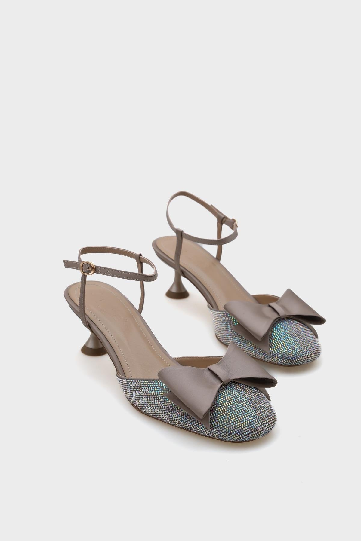 Capone Blunt Crystal Embellished Toe Bow Satin Ankle Strap Medium Heeled Women Mink Stylish Shoes