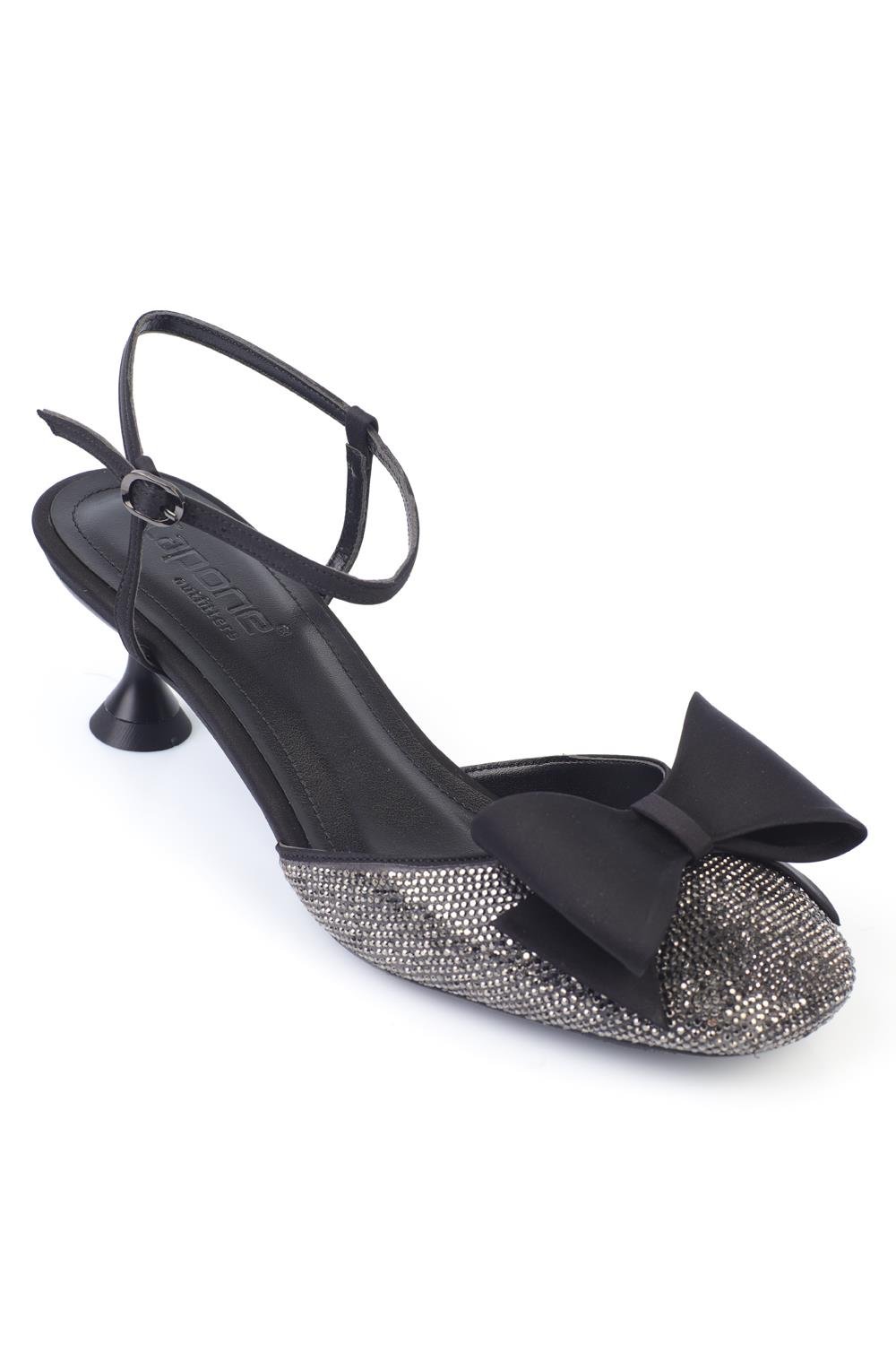 Capone Blunt Crystal Embellished Toe Bow Satin Ankle Strap Medium Heeled Women Satin Black Stylish Shoes