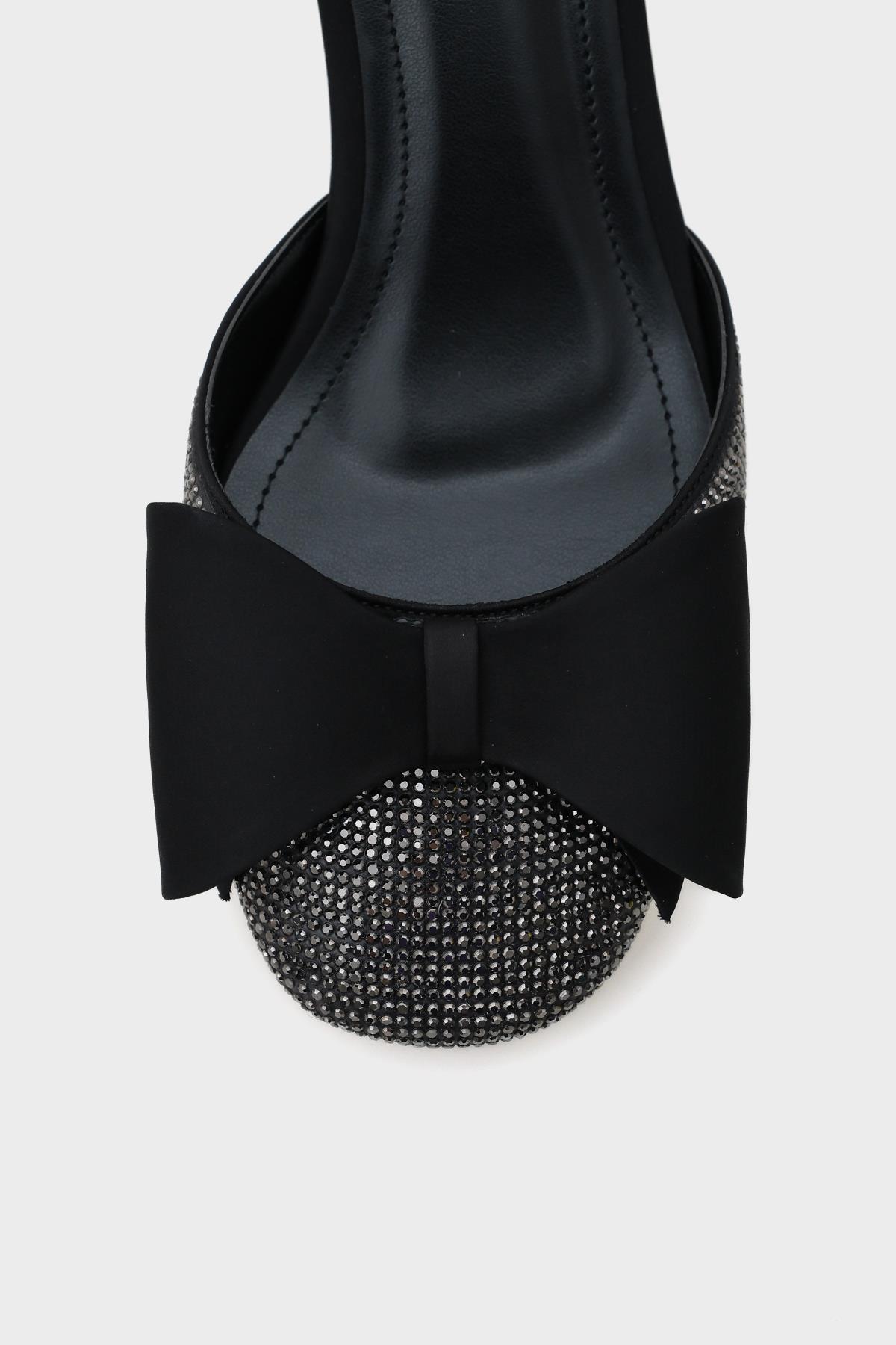 Capone Blunt Crystal Embellished Toe Bow Satin Ankle Strap Medium Heeled Women Satin Black Stylish Shoes