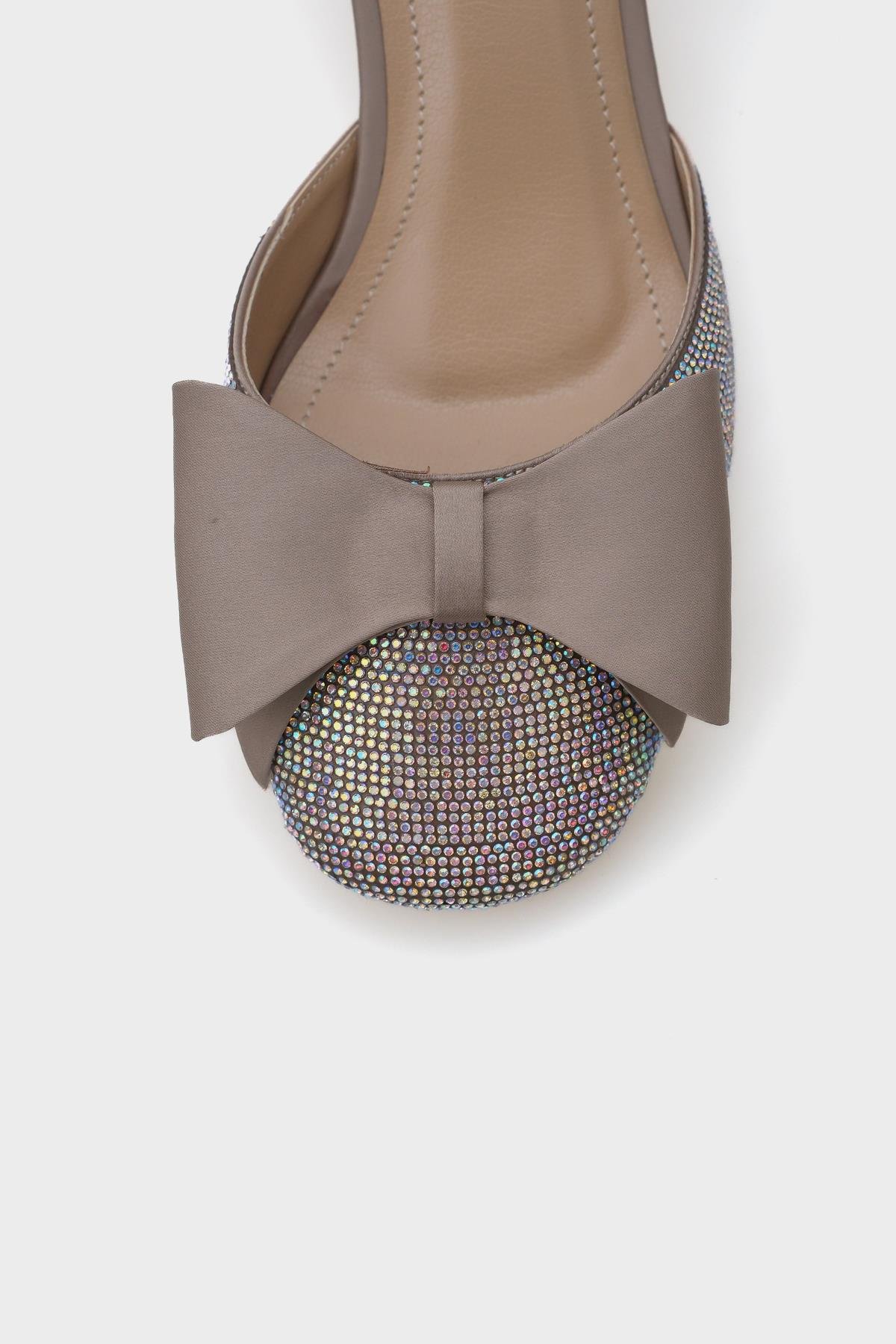 Capone Blunt Crystal Embellished Toe Bow Satin Ankle Strap Medium Heeled Women Mink Stylish Shoes