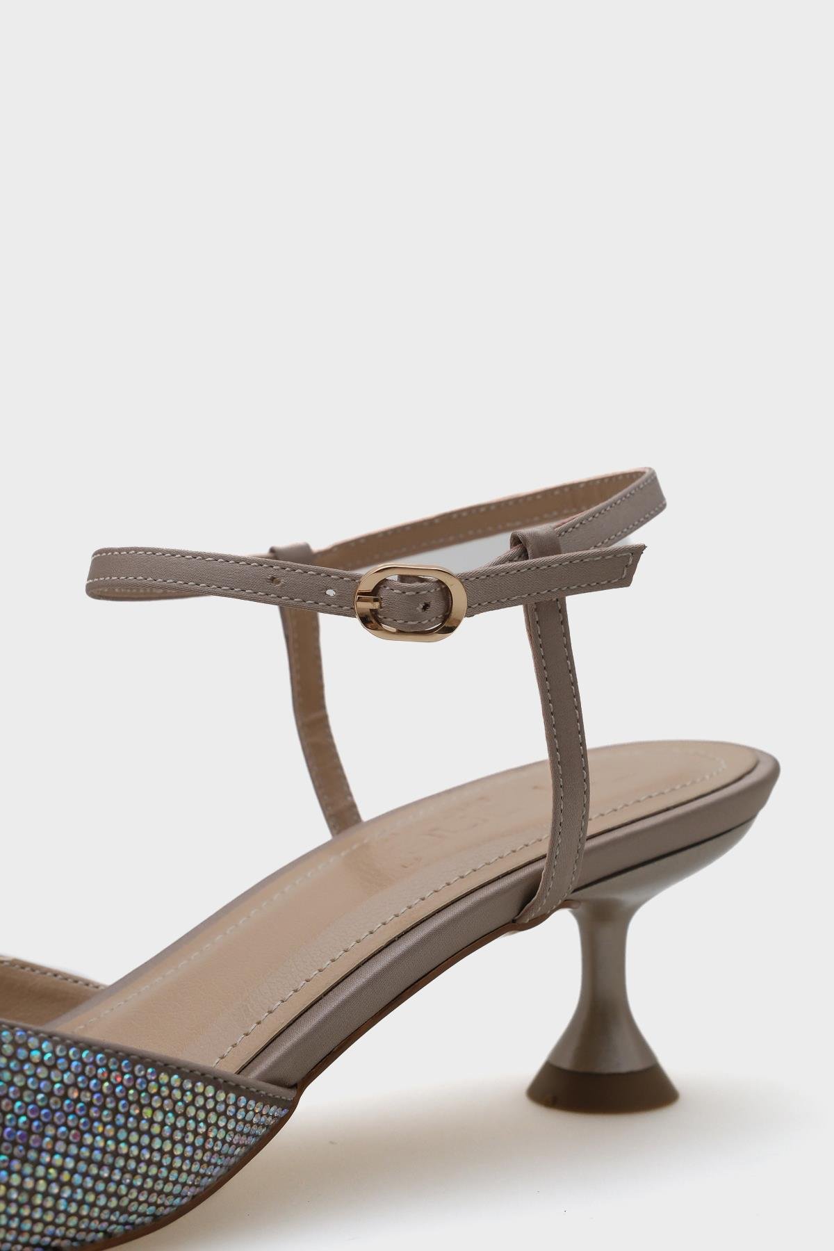 Capone Blunt Crystal Embellished Toe Bow Satin Ankle Strap Medium Heeled Women Mink Stylish Shoes