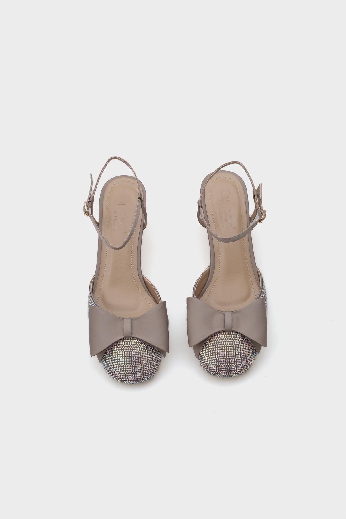 Capone Blunt Crystal Embellished Toe Bow Satin Ankle Strap Medium Heeled Women Mink Stylish Shoes