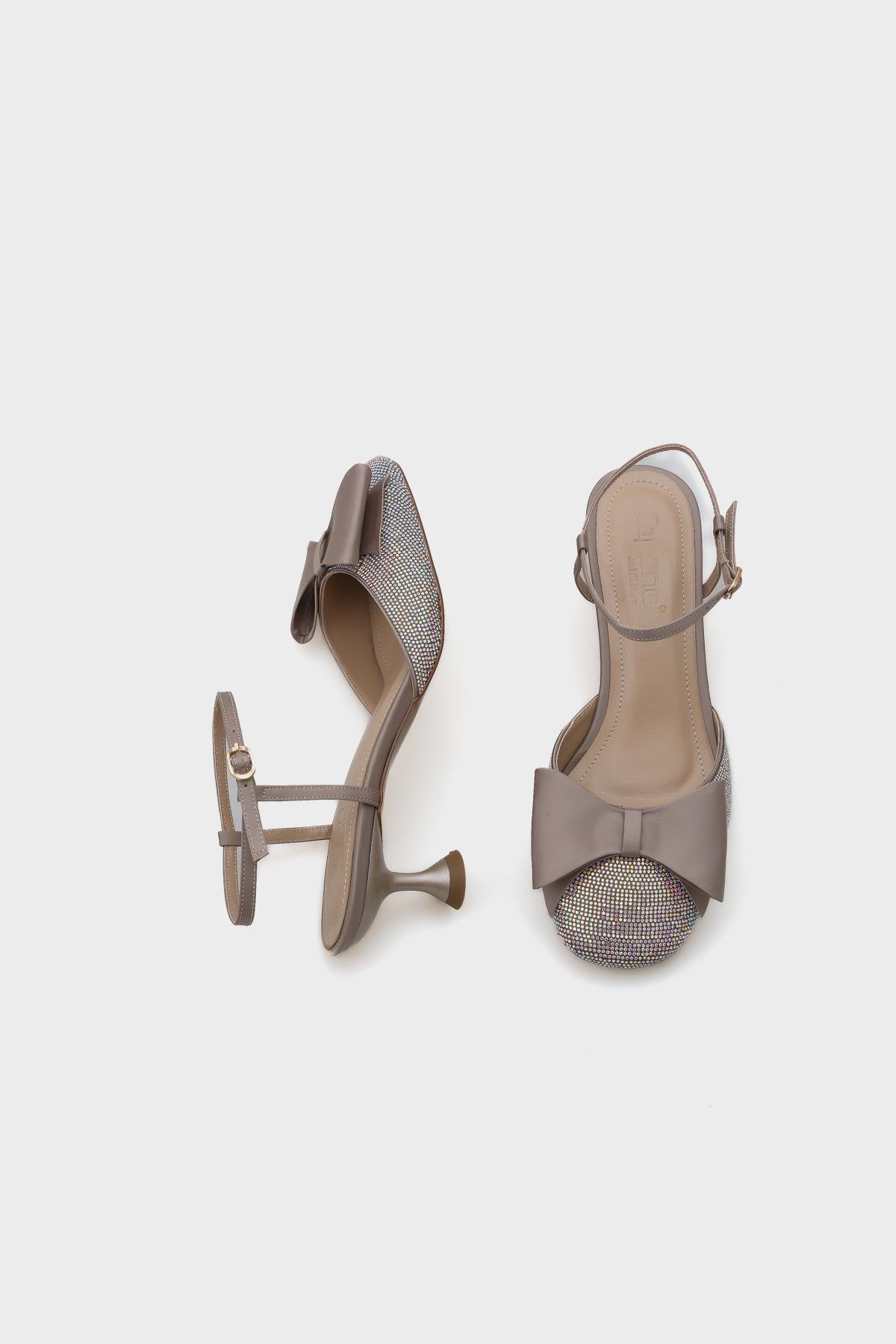 Capone Blunt Crystal Embellished Toe Bow Satin Ankle Strap Medium Heeled Women Mink Stylish Shoes