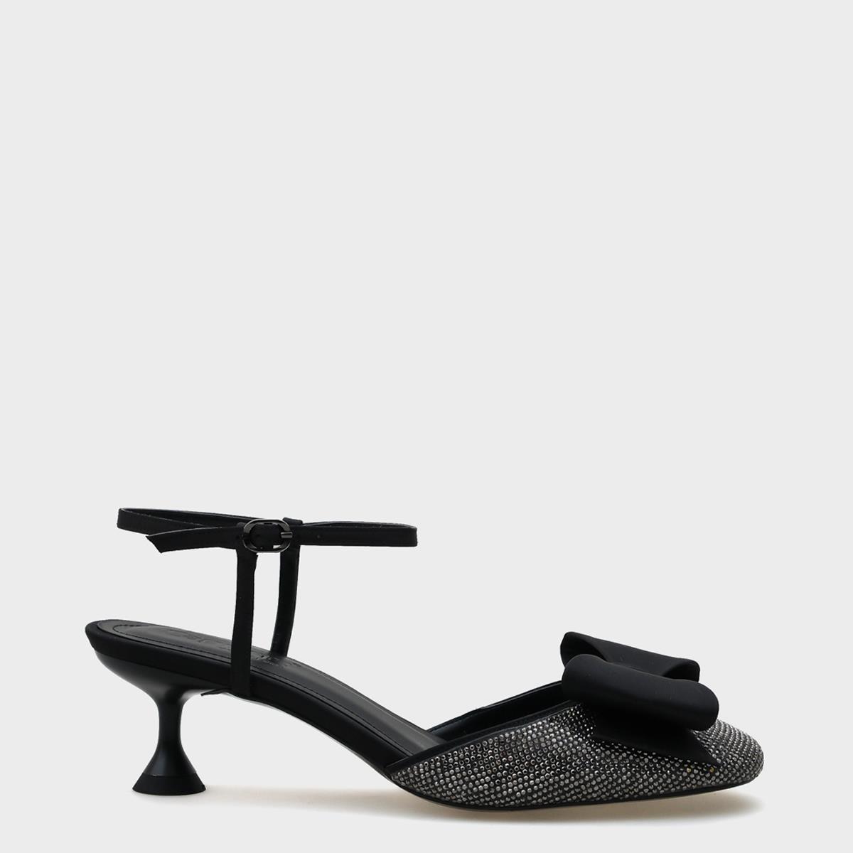 Capone Blunt Crystal Embellished Toe Bow Satin Ankle Strap Medium Heeled Women Satin Black Stylish Shoes